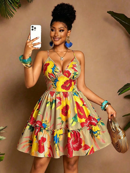 Women's Halter V-Neck Backless Black Floral Maxi Dress,Summer Boho Holiday Vacation Tropical Print Elastic Waist Ruffled Hem A-Line Beach Party Dress