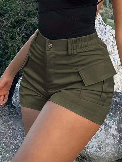 Women's High Waist Cargo Shorts, Elastic Back Waist, Multi-Pocket Slim Fit, Casual Streetwear For Summer
