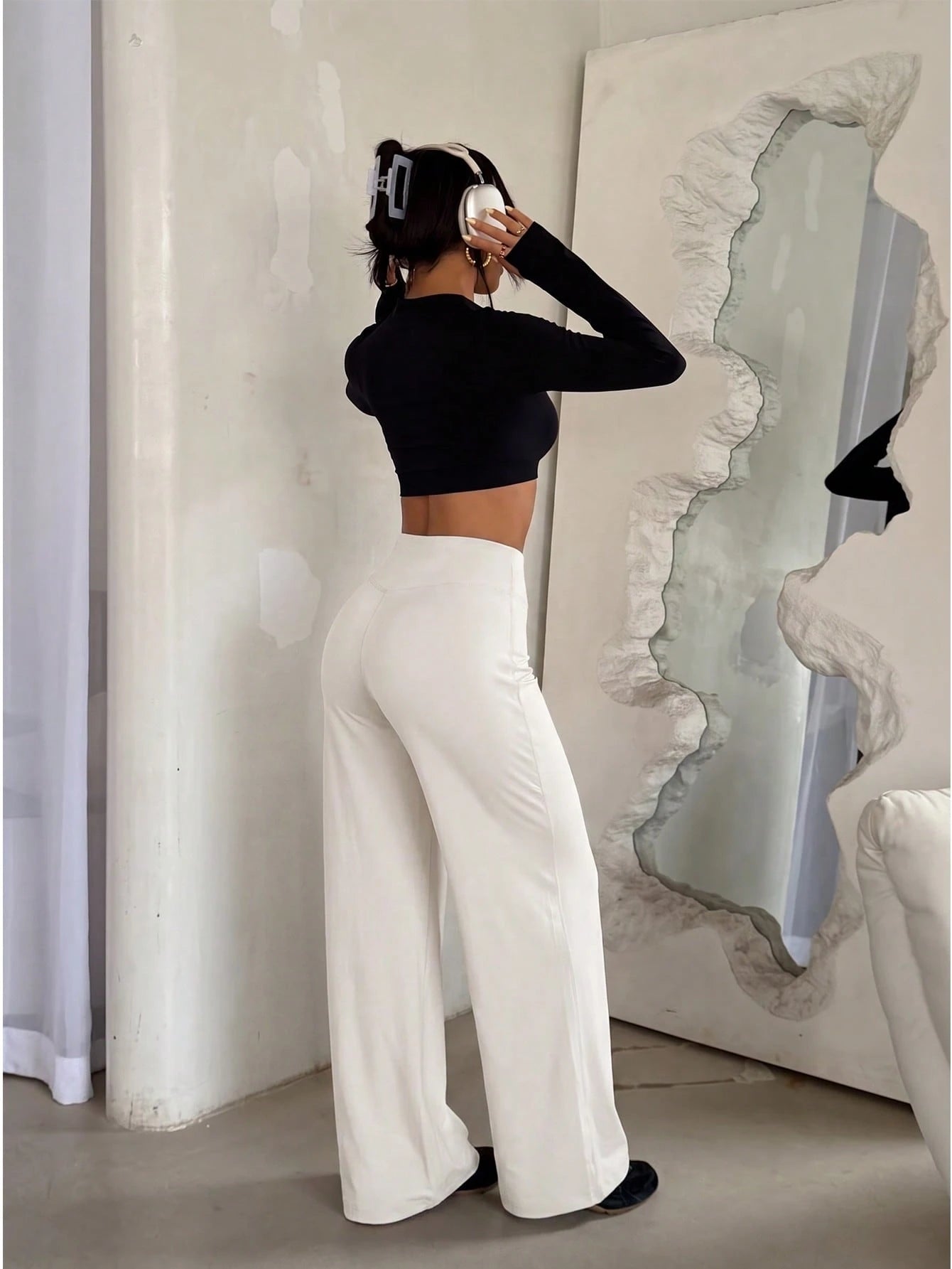 Women's High Waist Shaping Yoga Leggings, Minimalist Style Sports Running Wide Leg Pants, Casual Comfortable Sweatpants, High Elasticity Flare Leg Commuter Yoga Pants, Women's Activewear, Knitted Fabr