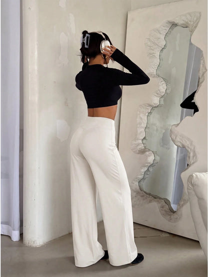 Women's High Waist Shaping Yoga Leggings, Minimalist Style Sports Running Wide Leg Pants, Casual Comfortable Sweatpants, High Elasticity Flare Leg Commuter Yoga Pants, Women's Activewear, Knitted Fabr