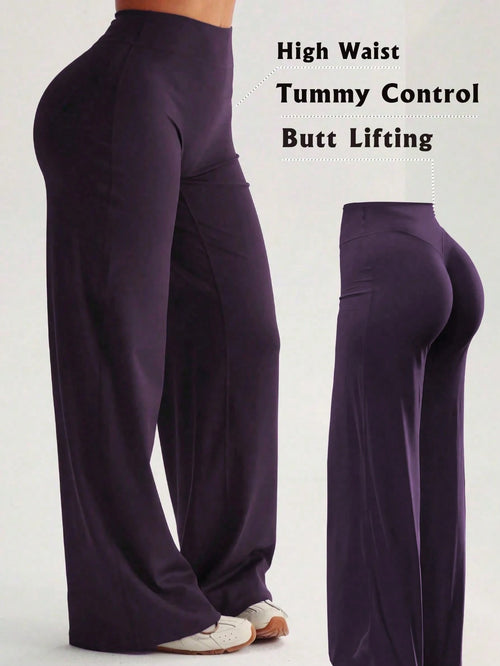Women's High Waist Wide Leg Pants For Outdoor Exercise, Comfortable Sports Casual Leggings, High Elastic Flare Pants For Commuting And Yoga, Knit Fabric, Elastic And Comfortable, Suitable For Daily We