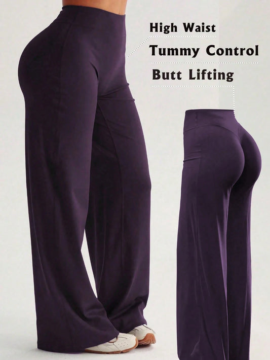 Women's High Waist Wide Leg Pants For Outdoor Exercise, Comfortable Sports Casual Leggings, High Elastic Flare Pants For Commuting And Yoga, Knit Fabric, Elastic And Comfortable, Suitable For Daily We