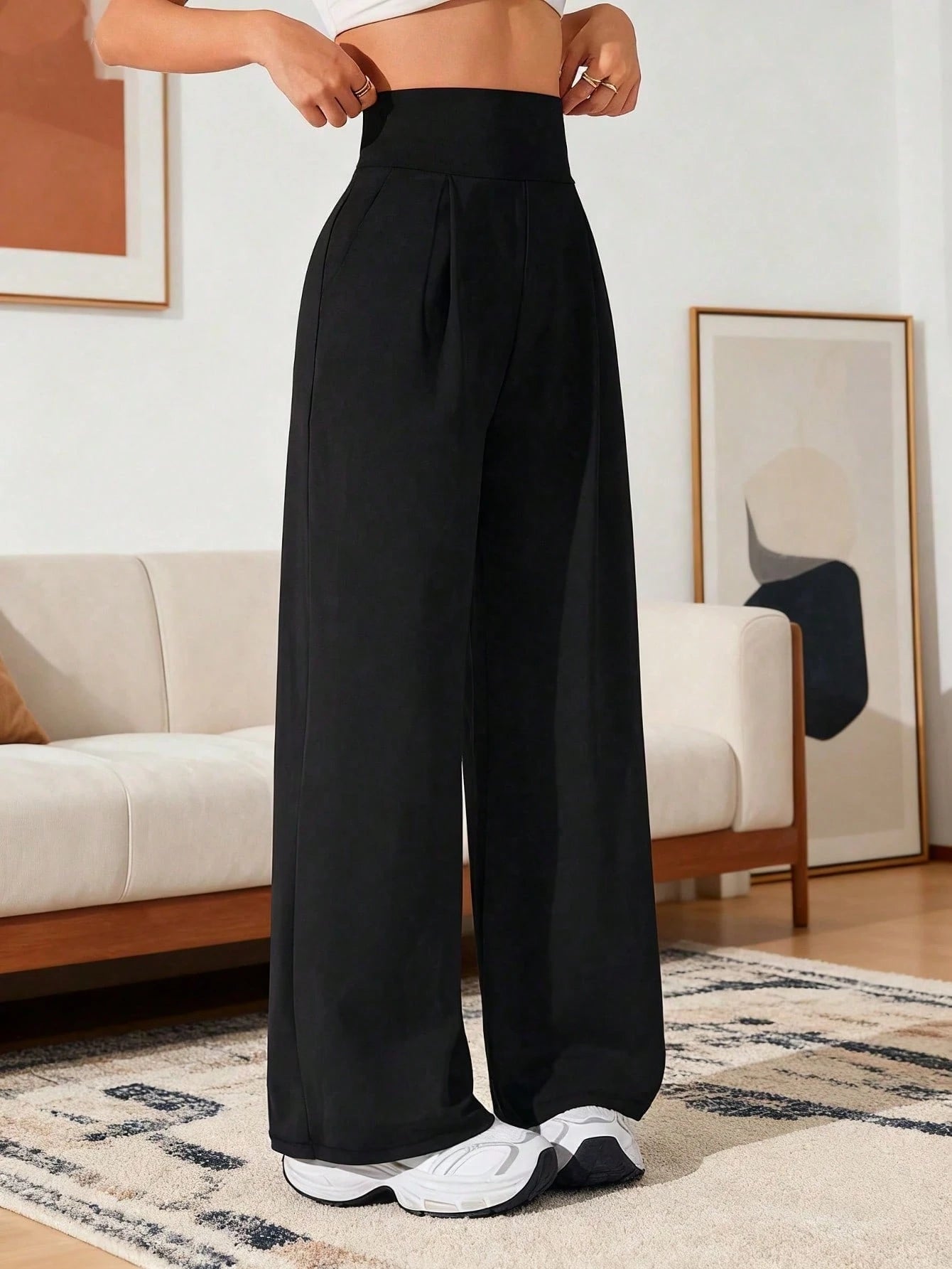 Women's High Waisted Wide Leg Pants With Pockets, Cargo Sports Black