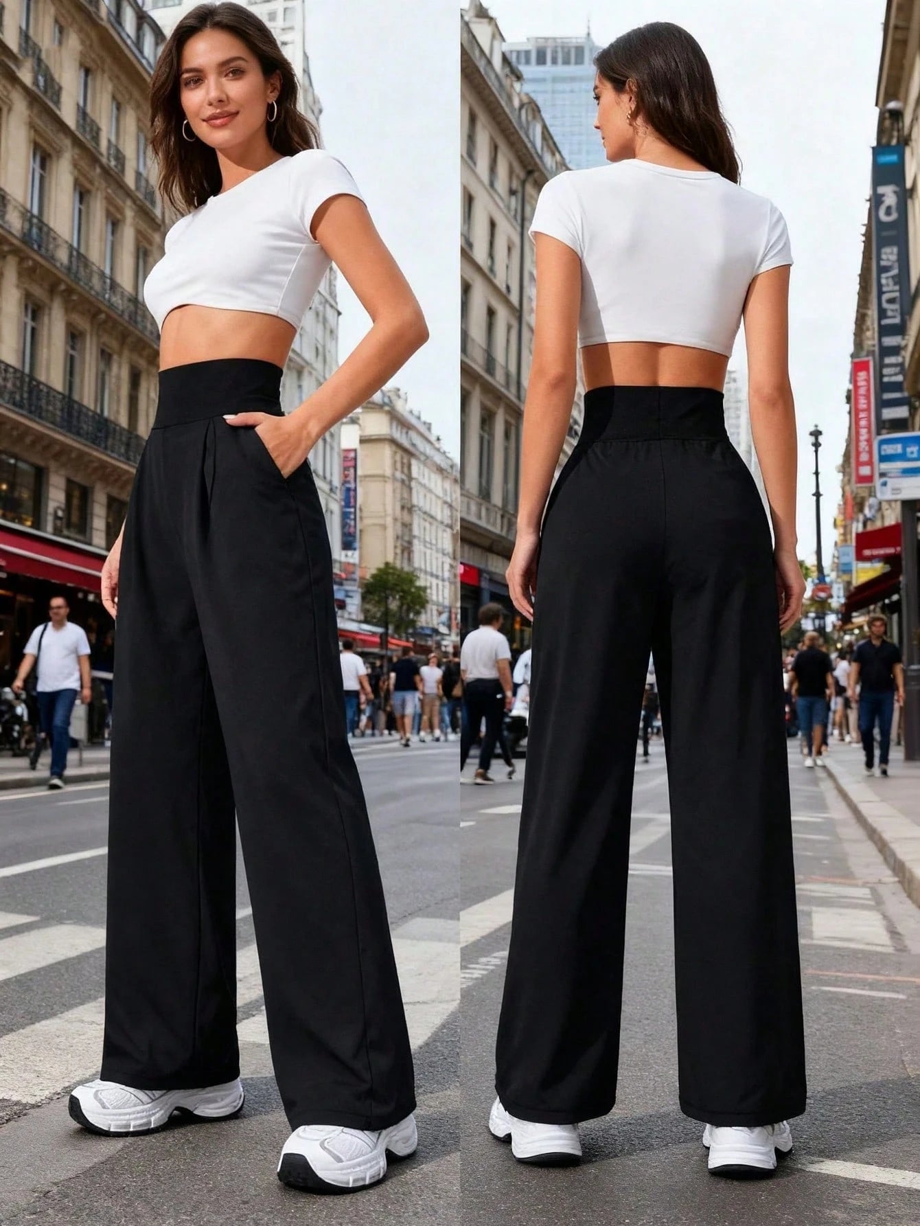 Women's High Waisted Wide Leg Pants With Pockets, Cargo Sports Black