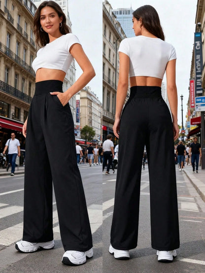 Women's High Waisted Wide Leg Pants With Pockets, Cargo Sports Black