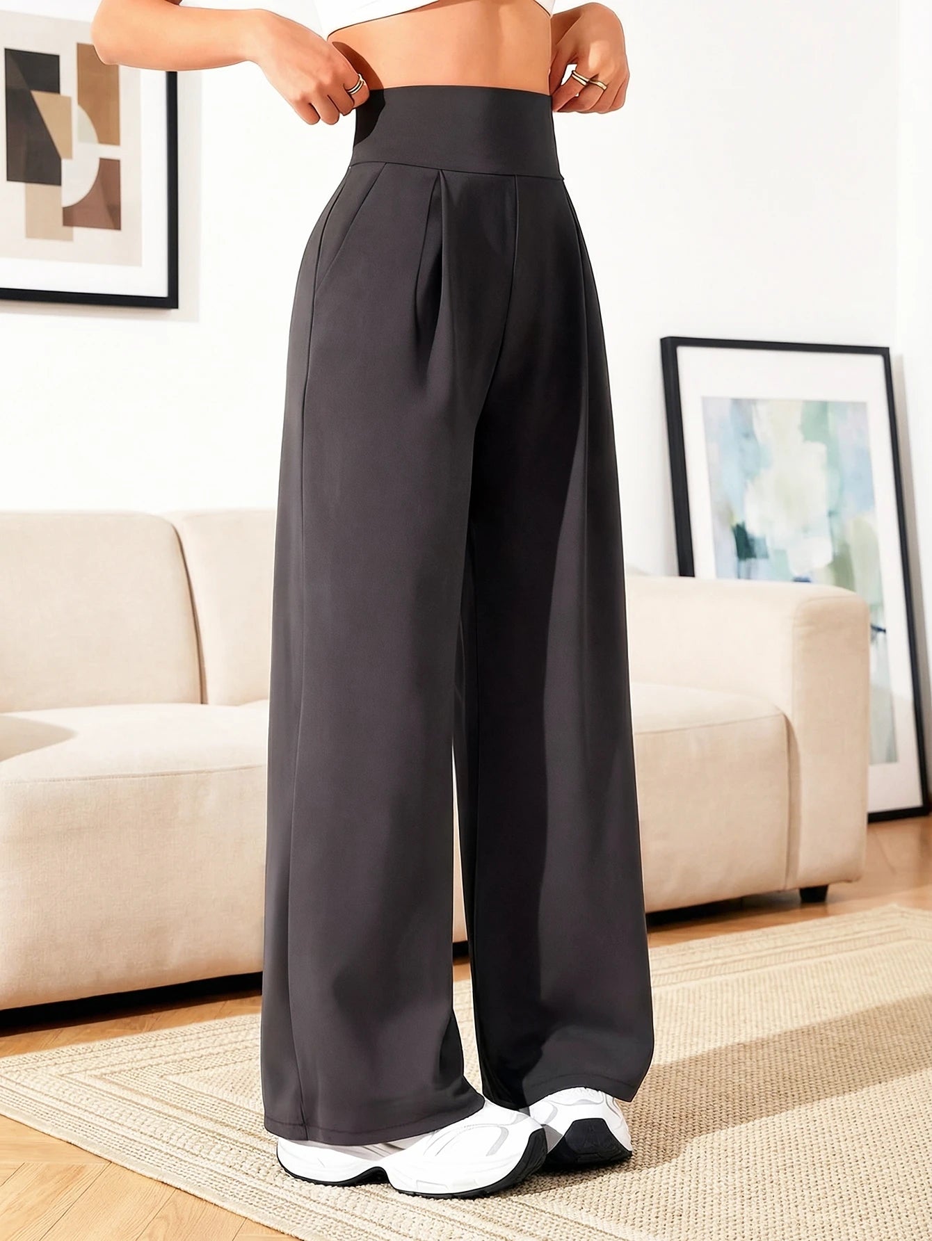 Women's High Waisted Wide Leg Pants With Pockets, Cargo Sports Black