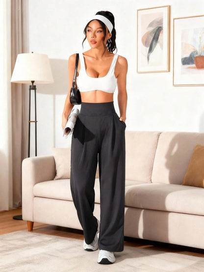 Women's High Waisted Wide Leg Pants With Pockets, Cargo Sports Black