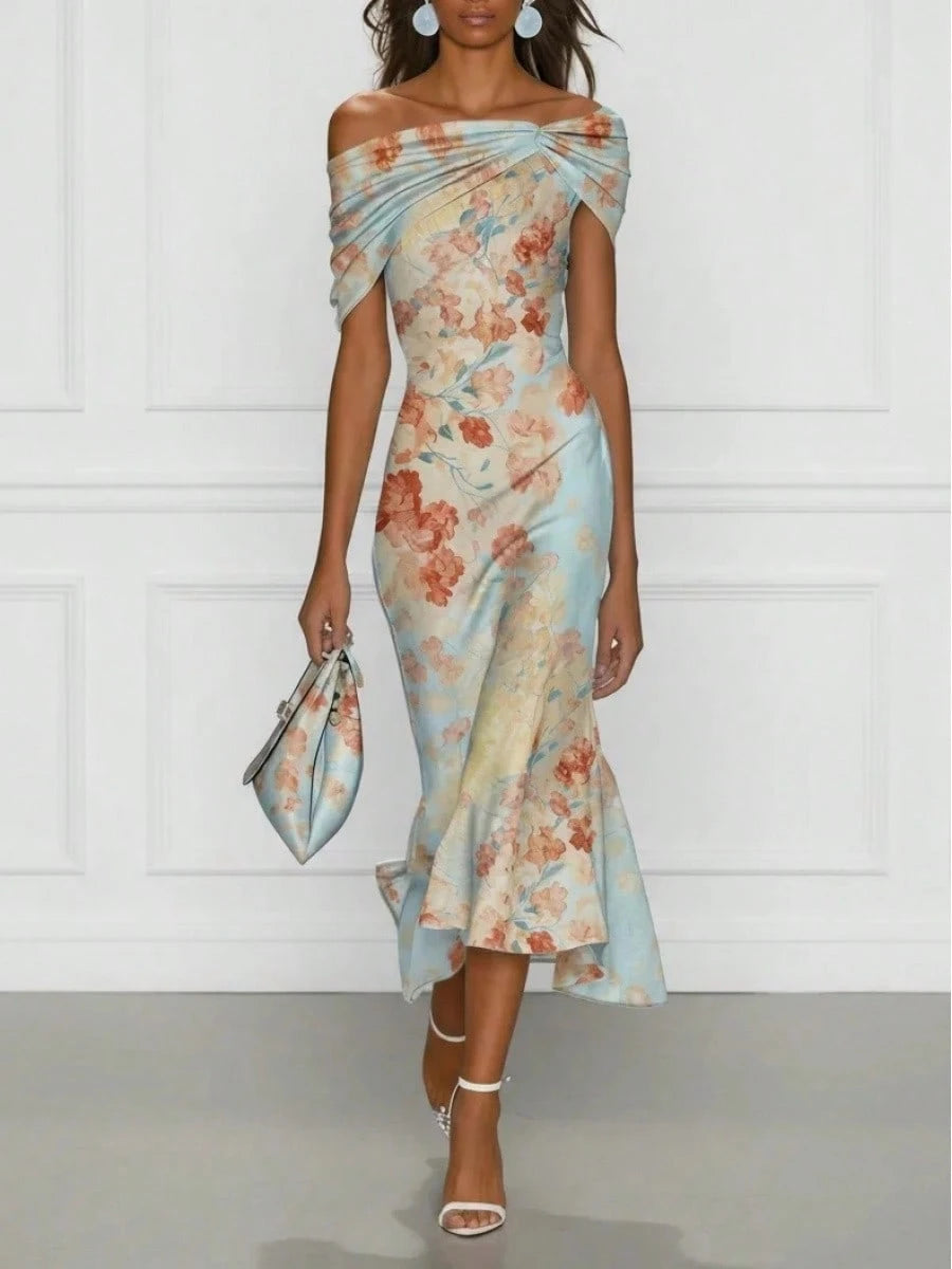Women's Light Blue Watercolor Floral Satin Midi Dress, Off Shoulder Twist Front Ruched Mermaid Ruffle Hem Wedding Guest Dress