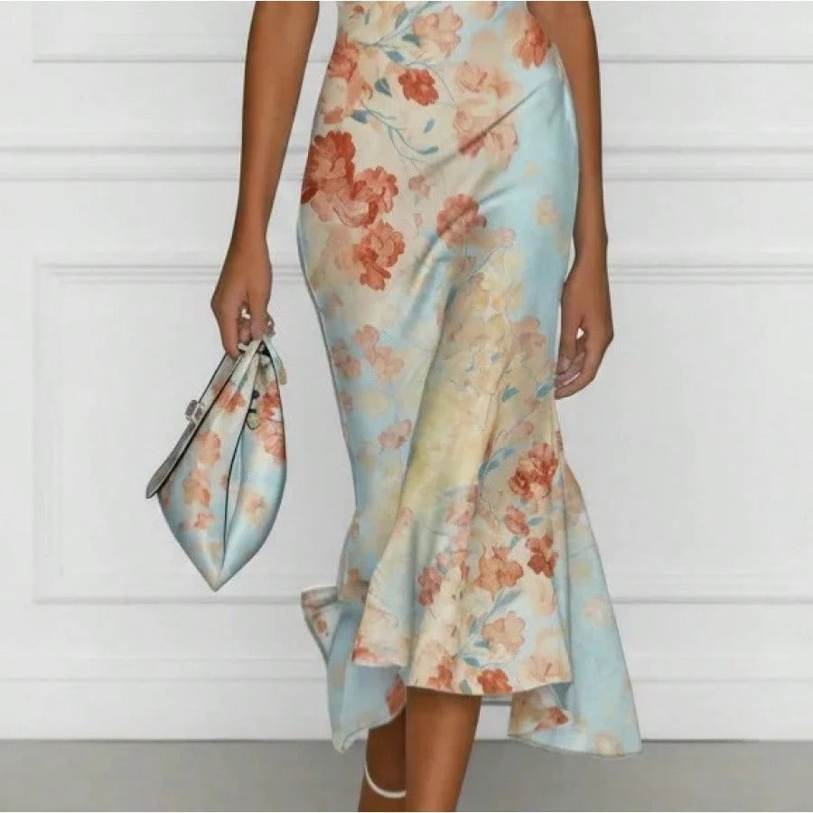 Women's Light Blue Watercolor Floral Satin Midi Dress, Off Shoulder Twist Front Ruched Mermaid Ruffle Hem Wedding Guest Dress