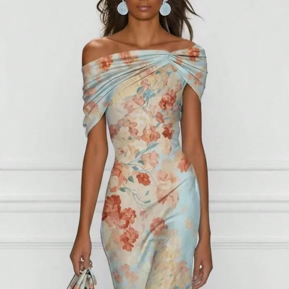 Women's Light Blue Watercolor Floral Satin Midi Dress, Off Shoulder Twist Front Ruched Mermaid Ruffle Hem Wedding Guest Dress