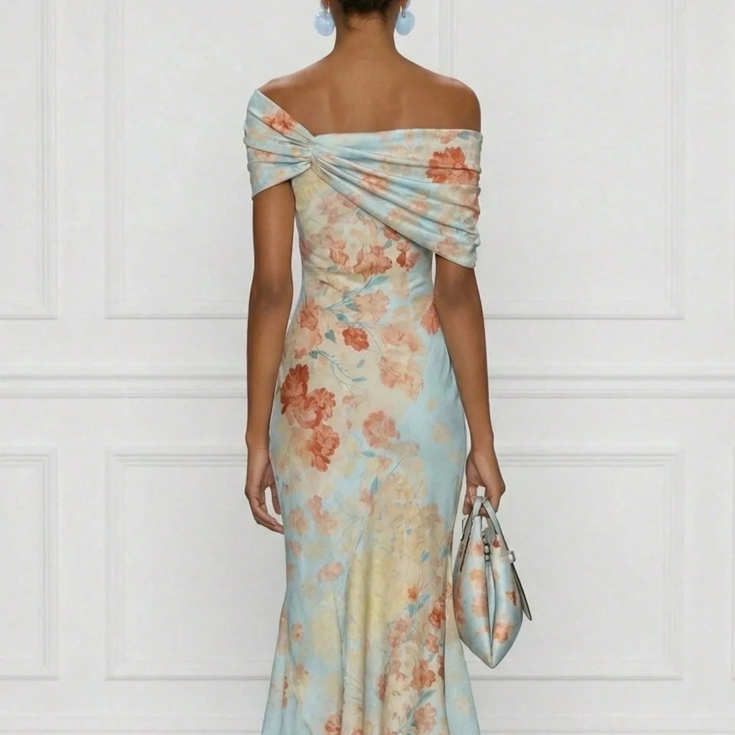 Women's Light Blue Watercolor Floral Satin Midi Dress, Off Shoulder Twist Front Ruched Mermaid Ruffle Hem Wedding Guest Dress