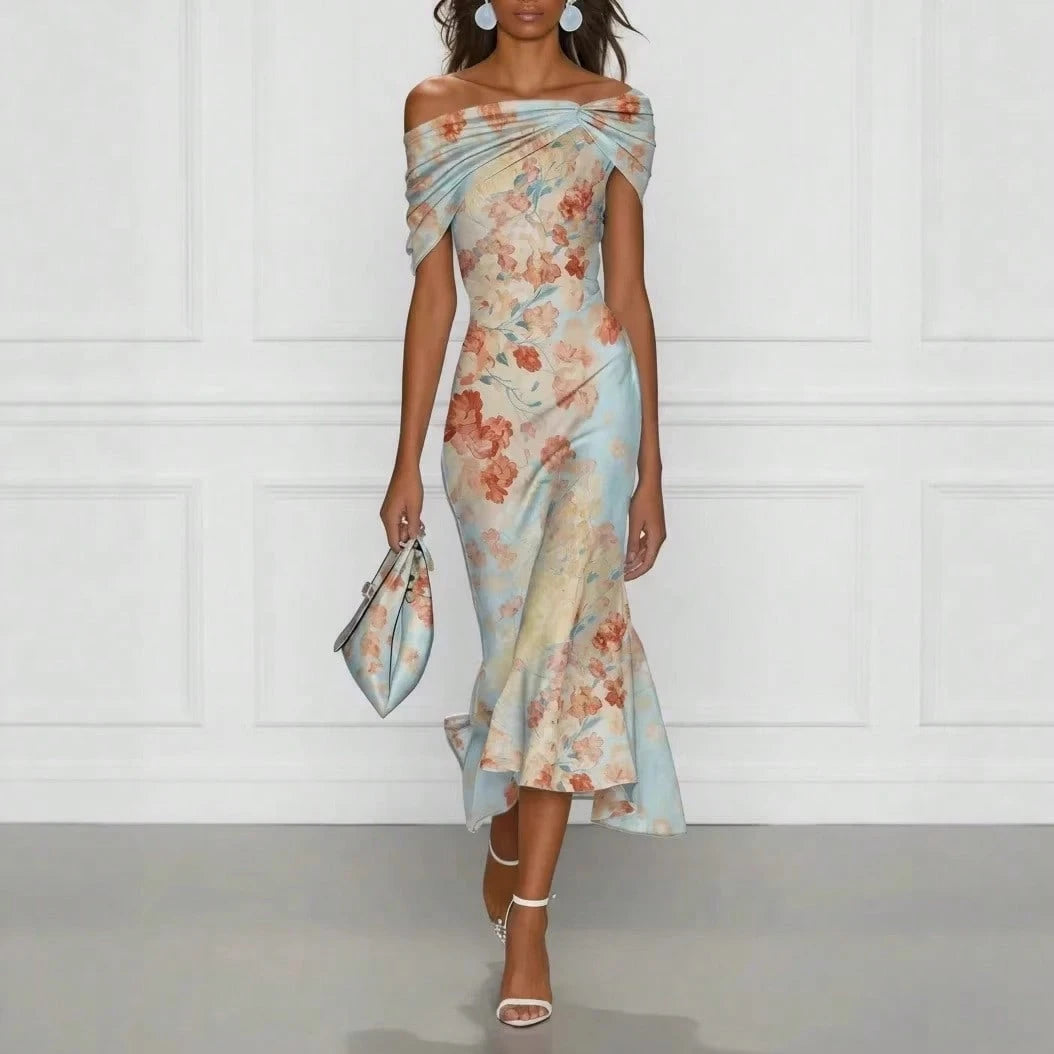 Women's Light Blue Watercolor Floral Satin Midi Dress, Off Shoulder Twist Front Ruched Mermaid Ruffle Hem Wedding Guest Dress