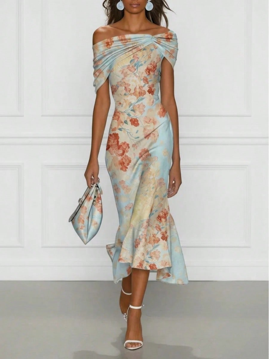 Women's Light Blue Watercolor Floral Satin Midi Dress, Off Shoulder Twist Front Ruched Mermaid Ruffle Hem Wedding Guest Dress