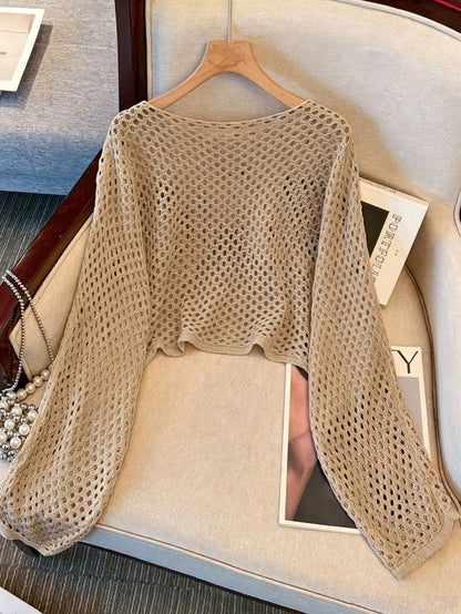 Women's Long Sleeve Hollow Knit Pullover Cover-Up, Reversible Front And Back, Solid Color Casual Vacation Beach Cover-Up Summer