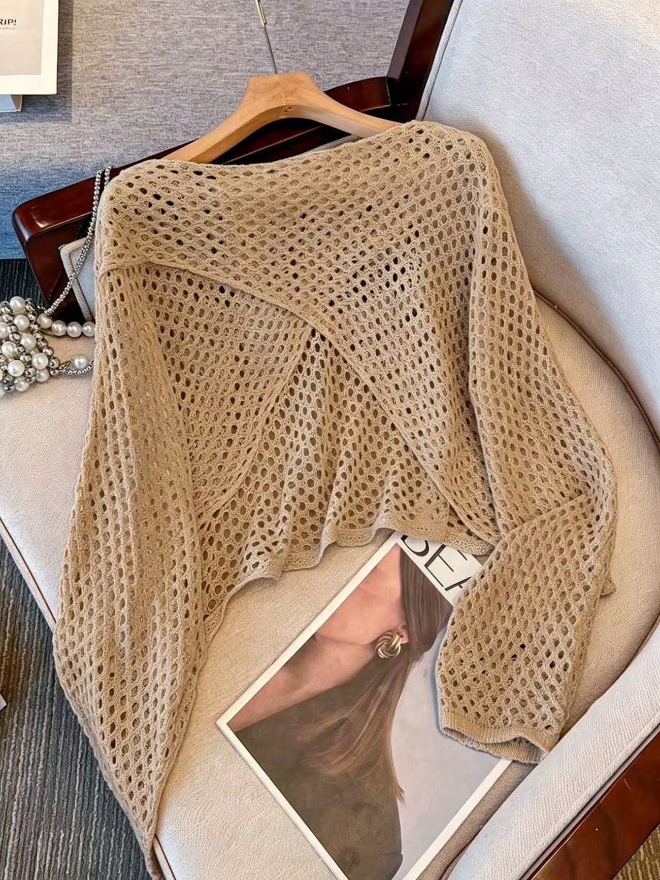 Women's Long Sleeve Hollow Knit Pullover Cover-Up, Reversible Front And Back, Solid Color Casual Vacation Beach Cover-Up Summer