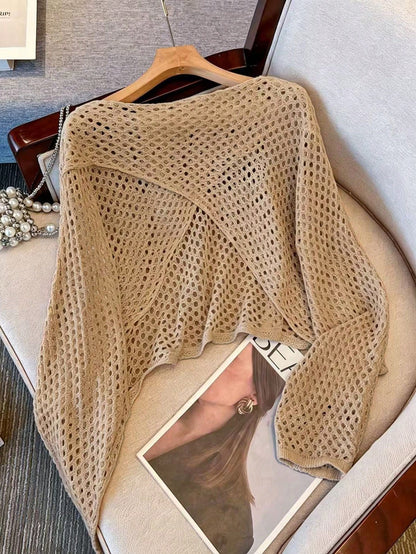 Women's Long Sleeve Hollow Knit Pullover Cover-Up, Reversible Front And Back, Solid Color Casual Vacation Beach Cover-Up Summer