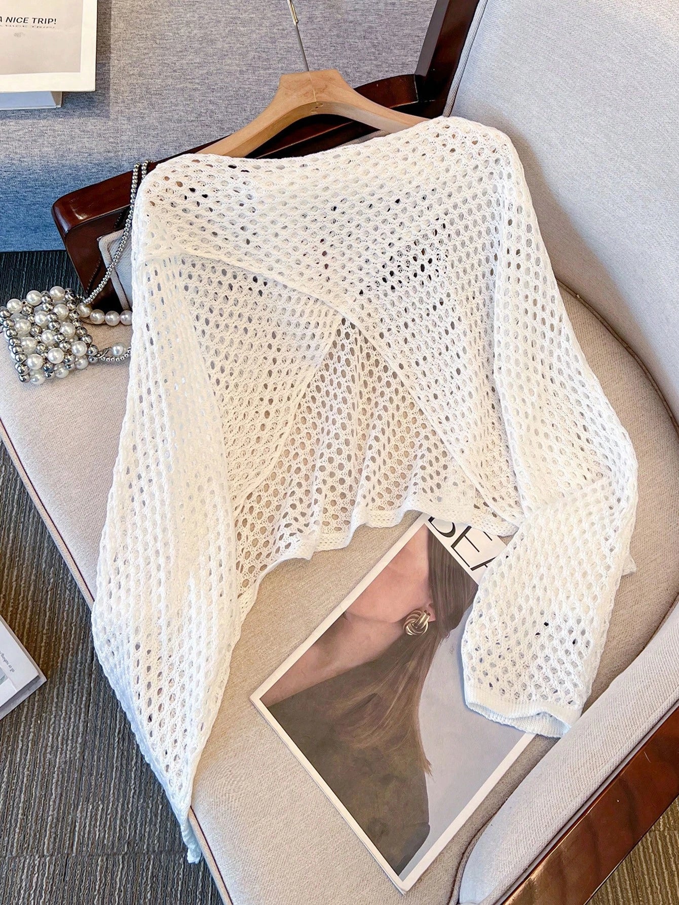 Women's Long Sleeve Hollow Knit Pullover Cover-Up, Reversible Front And Back, Solid Color Casual Vacation Beach Cover-Up Summer