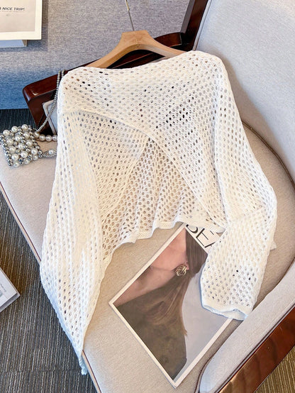 Women's Long Sleeve Hollow Knit Pullover Cover-Up, Reversible Front And Back, Solid Color Casual Vacation Beach Cover-Up Summer