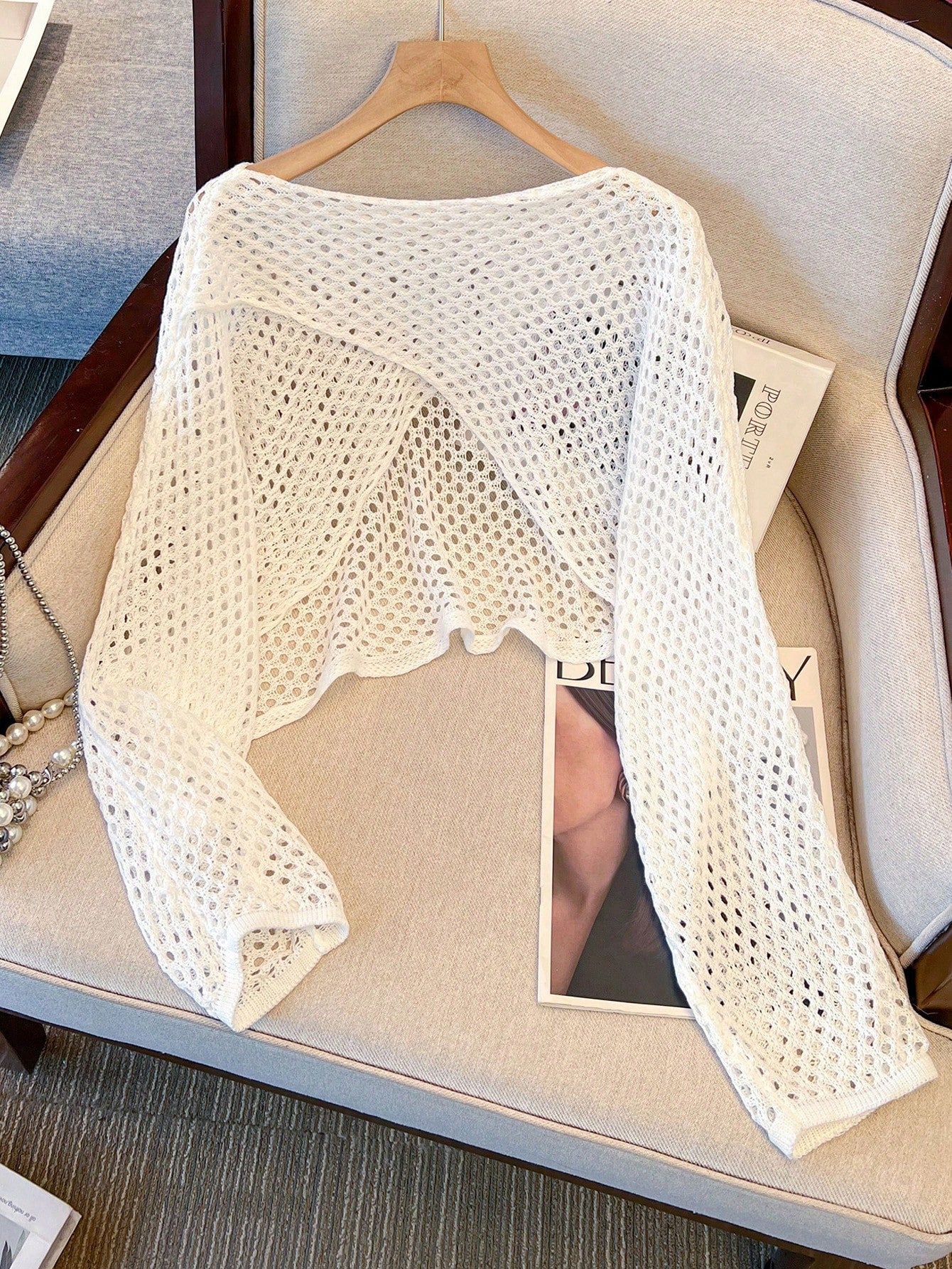 Women's Long Sleeve Hollow Knit Pullover Cover-Up, Reversible Front And Back, Solid Color Casual Vacation Beach Cover-Up Summer