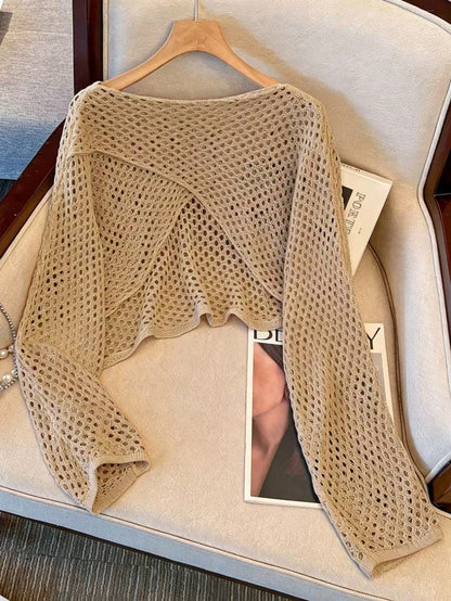 Women's Long Sleeve Hollow Knit Pullover Cover-Up, Reversible Front And Back, Solid Color Casual Vacation Beach Cover-Up Summer