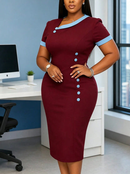 Women's Mid-Length Dress With Asymmetric Neckline, Contrast Color Trim And Button Decoration, Basic Fitted Short Sleeve With Matching Contrast Cuffs, Cinched Waist And Bodycon Skirt, Comfortable Fit H