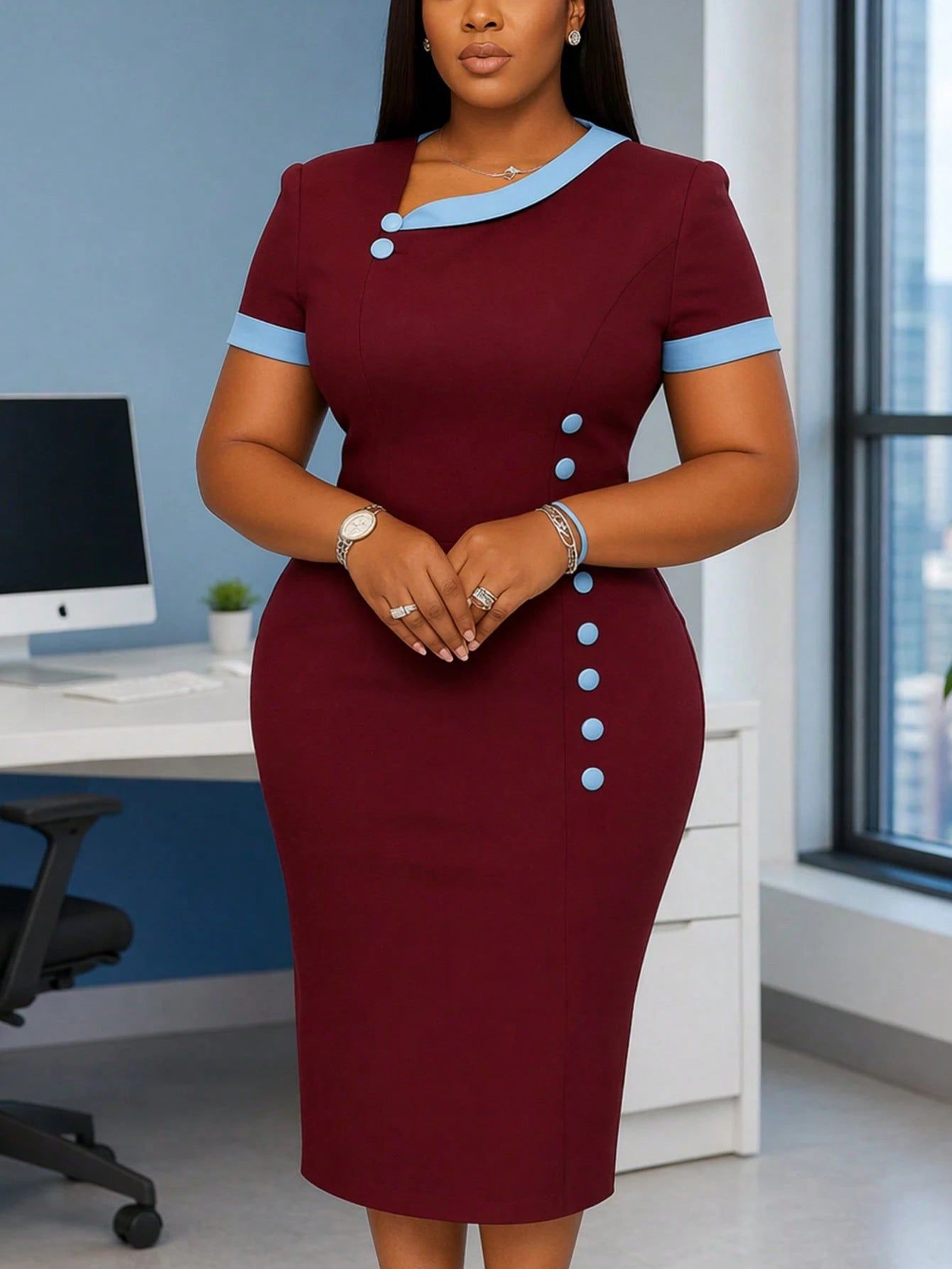 Women's Mid-Length Dress With Asymmetric Neckline, Contrast Color Trim And Button Decoration, Basic Fitted Short Sleeve With Matching Contrast Cuffs, Cinched Waist And Bodycon Skirt, Comfortable Fit H