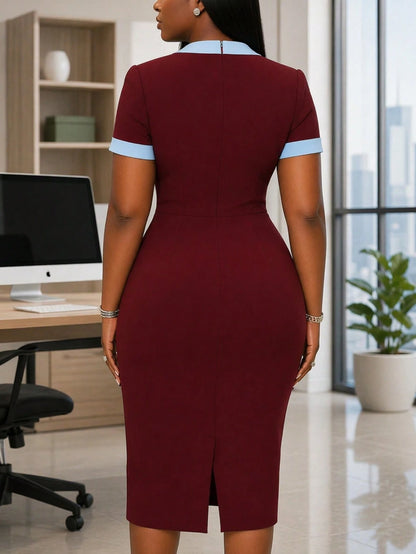Women's Mid-Length Dress With Asymmetric Neckline, Contrast Color Trim And Button Decoration, Basic Fitted Short Sleeve With Matching Contrast Cuffs, Cinched Waist And Bodycon Skirt, Comfortable Fit H