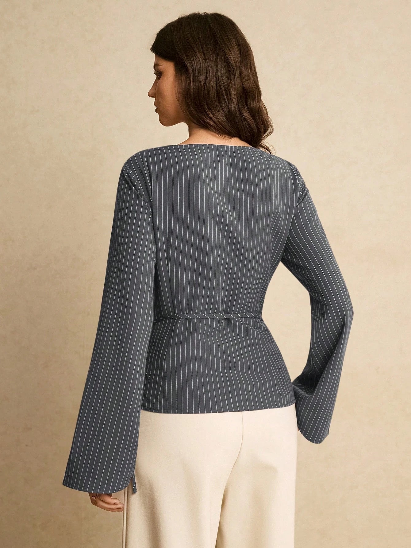 Women's Navy Blue Boat Neck Side Tie Casual Elegant Shirt, Top Women Blouse For Formal Occasion Business Tops, Office Autumn