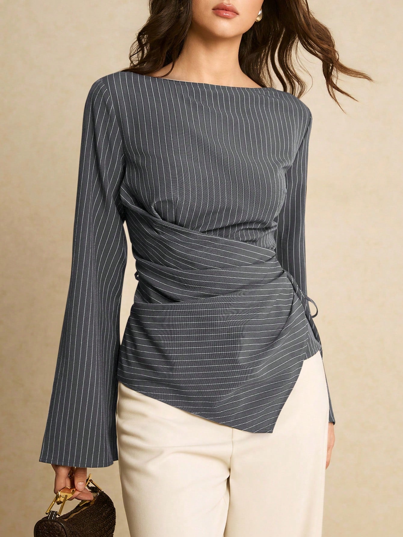 Women's Navy Blue Boat Neck Side Tie Casual Elegant Shirt, Top Women Blouse For Formal Occasion Business Tops, Office Autumn