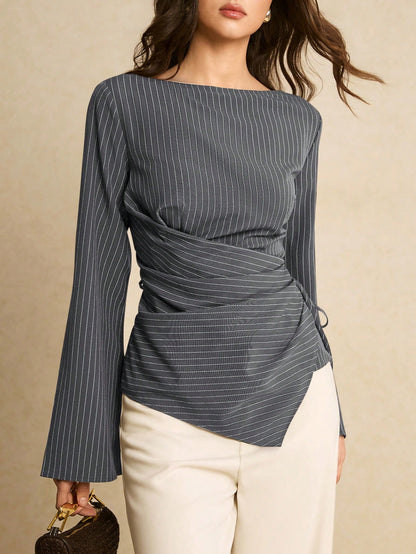 Women's Navy Blue Boat Neck Side Tie Casual Elegant Shirt, Top Women Blouse For Formal Occasion Business Tops, Office Autumn