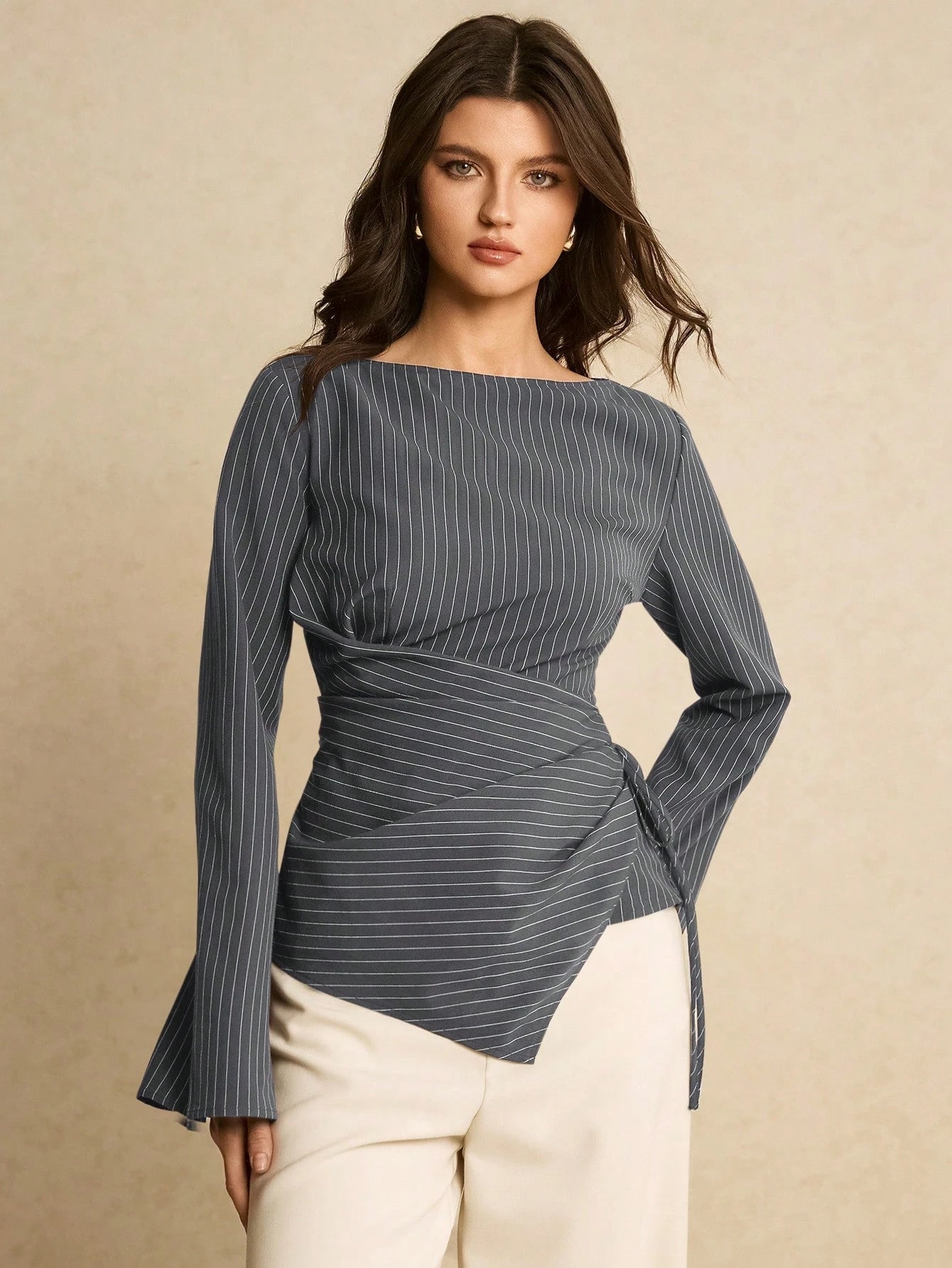Women's Navy Blue Boat Neck Side Tie Casual Elegant Shirt, Top Women Blouse For Formal Occasion Business Tops, Office Autumn