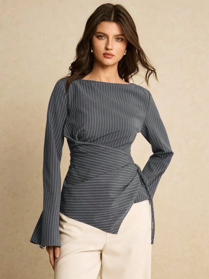Women's Navy Blue Boat Neck Side Tie Casual Elegant Shirt, Top Women Blouse For Formal Occasion Business Tops, Office Autumn