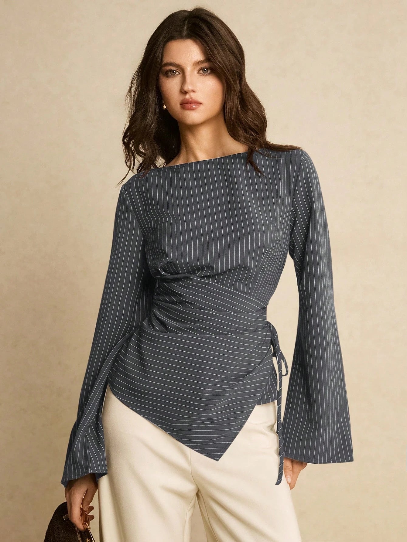Women's Navy Blue Boat Neck Side Tie Casual Elegant Shirt, Top Women Blouse For Formal Occasion Business Tops, Office Autumn