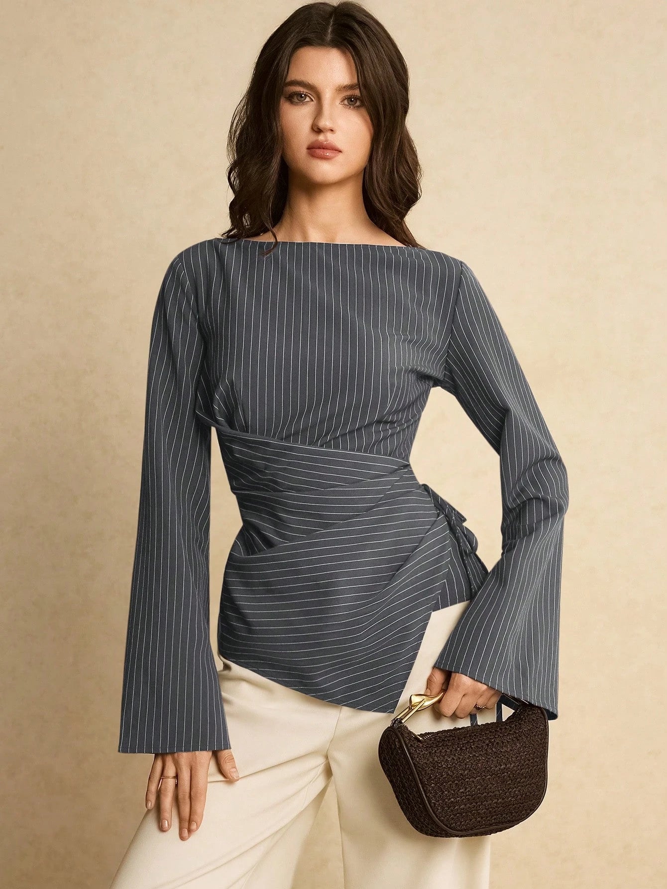 Women's Navy Blue Boat Neck Side Tie Casual Elegant Shirt, Top Women Blouse For Formal Occasion Business Tops, Office Autumn