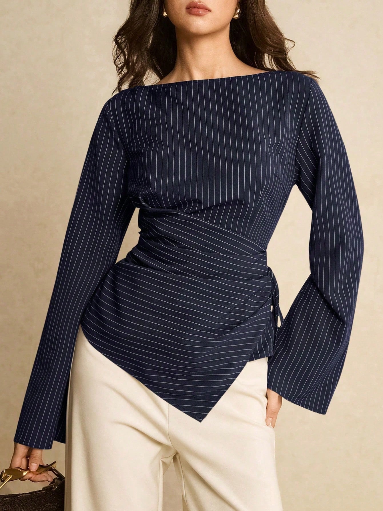 Women's Navy Blue Boat Neck Side Tie Casual Elegant Shirt, Top Women Blouse For Formal Occasion Business Tops, Office Autumn