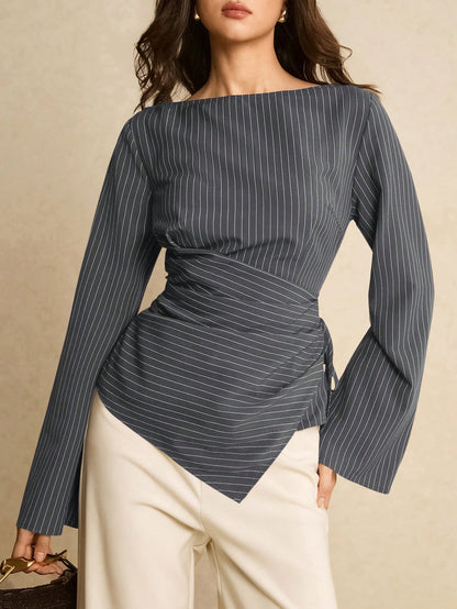 Women's Navy Blue Boat Neck Side Tie Casual Elegant Shirt, Top Women Blouse For Formal Occasion Business Tops, Office Autumn