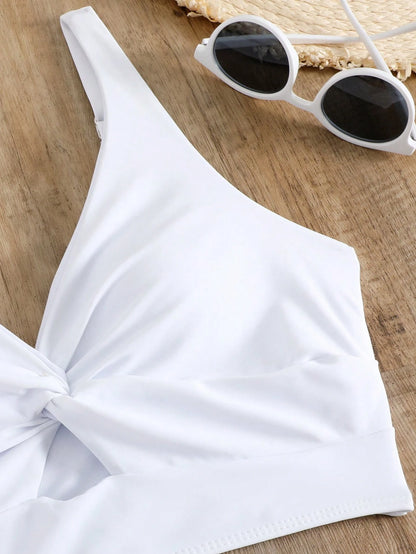 Women's New Beach Vacation Style Minimalist Solid Color Cutout Twist Front Bikini Top Summer