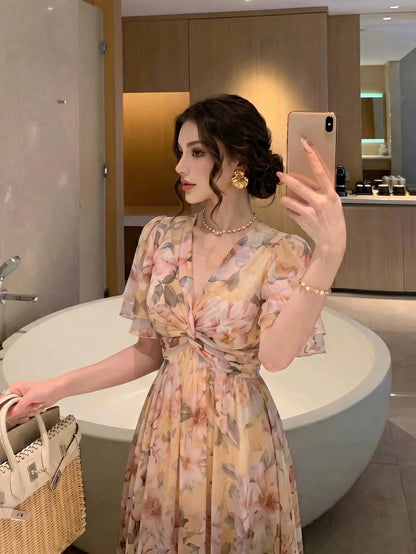 Women's New Elegant Romantic Floral Print Flared Dress Vacation Summer, Boho Chic