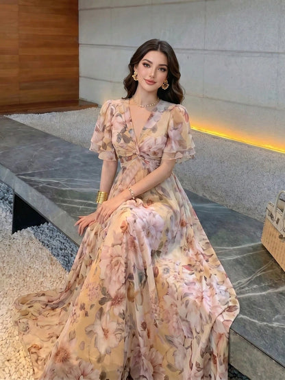 Women's New Elegant Romantic Floral Print Flared Dress Vacation Summer, Boho Chic