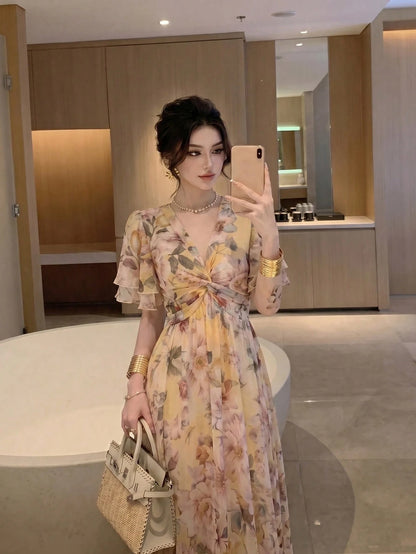 Women's New Elegant Romantic Floral Print Flared Dress Vacation Summer, Boho Chic