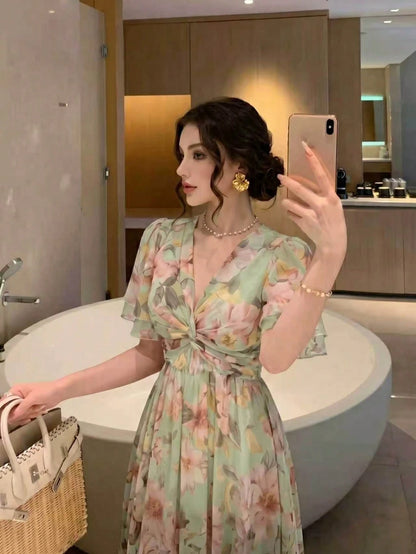 Women's New Elegant Romantic Floral Print Flared Dress Vacation Summer, Boho Chic