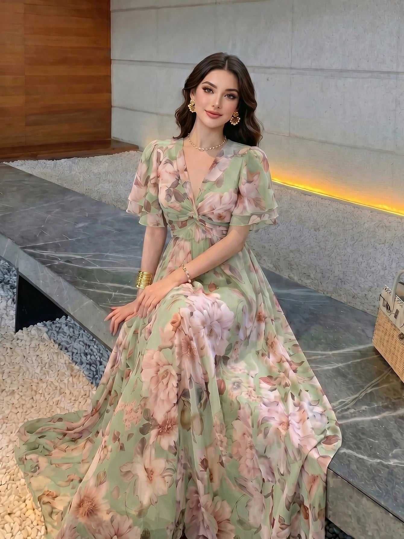 Women's New Elegant Romantic Floral Print Flared Dress Vacation Summer, Boho Chic