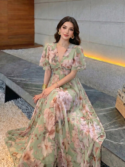 Women's New Elegant Romantic Floral Print Flared Dress Vacation Summer, Boho Chic