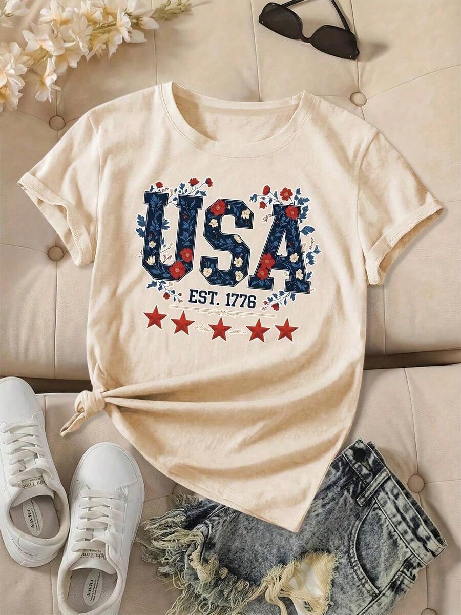 Women's Patriotic American 1776 Vintage Pattern T-Shirt- Red Short-Sleeve Crew Neck Casual Top, Stars And Stripes Design, All-Season Comfort