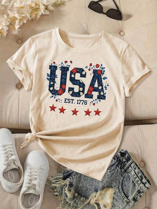 Women's Patriotic American 1776 Vintage Pattern T-Shirt- Red Short-Sleeve Crew Neck Casual Top, Stars And Stripes Design, All-Season Comfort