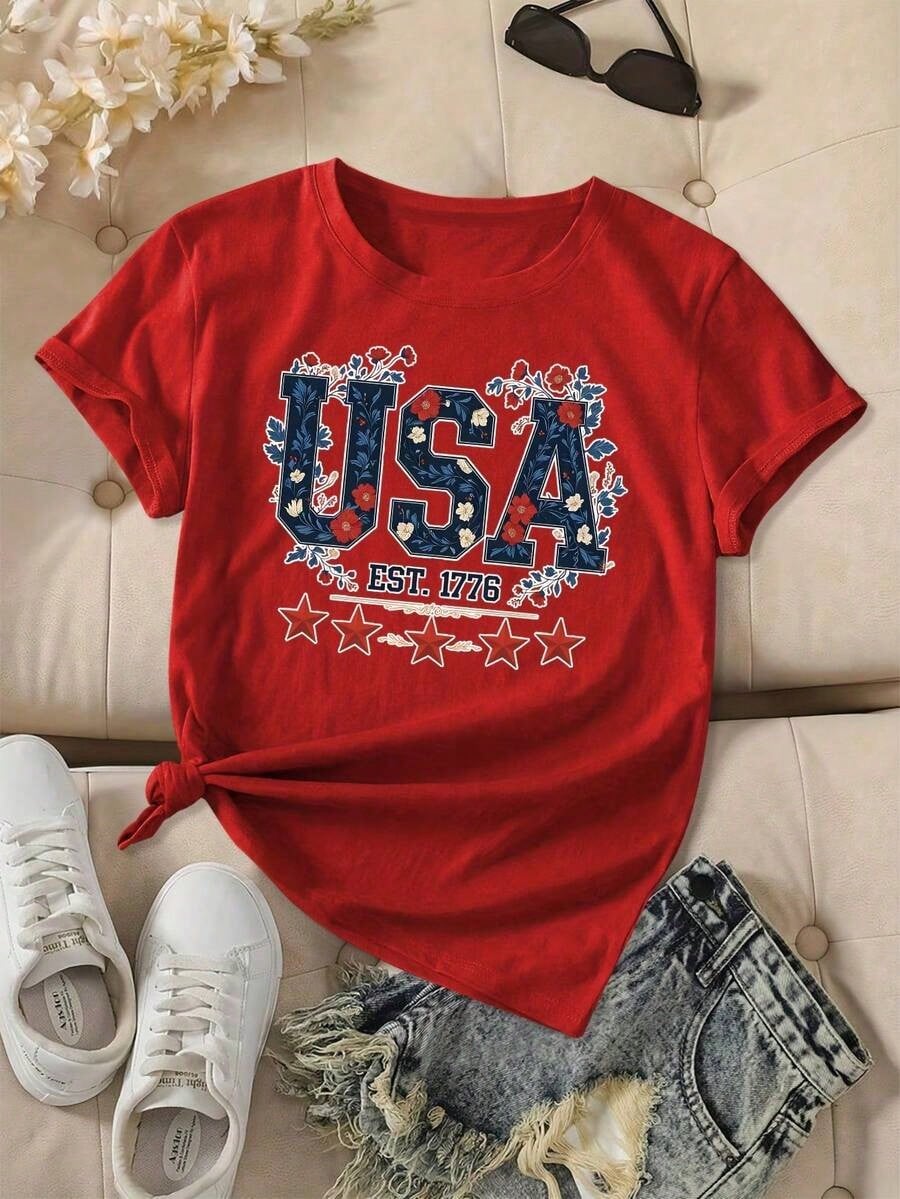 Women's Patriotic American 1776 Vintage Pattern T-Shirt- Red Short-Sleeve Crew Neck Casual Top, Stars And Stripes Design, All-Season Comfort