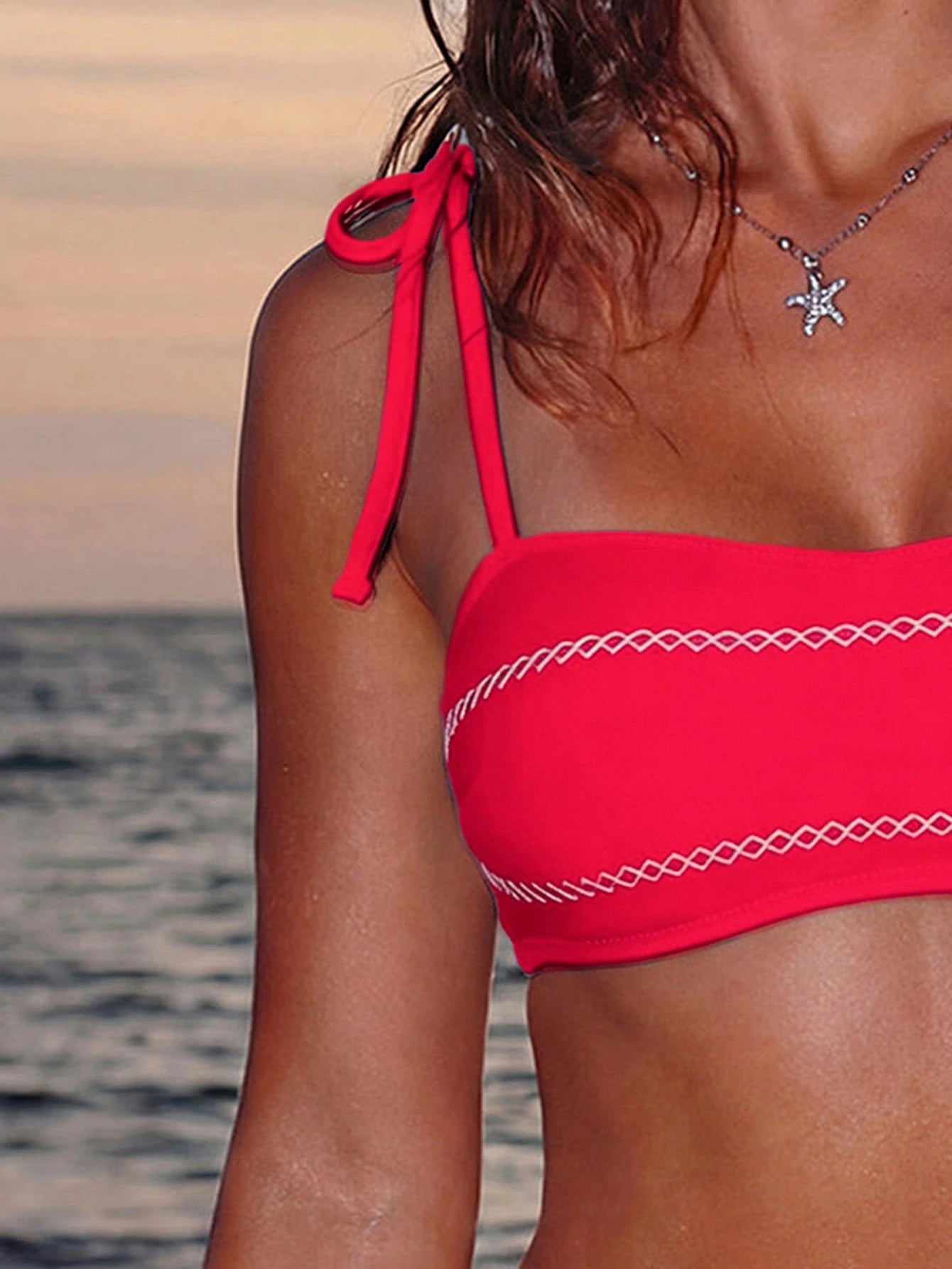 Women's Pink 2026 Lucky Girl Series Strapless White Cropped Top Elegant Spaghetti Strap Minimalist Sexy Bikini Two Pieces Swimwear Set, Beach Casual & Holiday High Elasticity Swimwear Side Tie Swim Sh