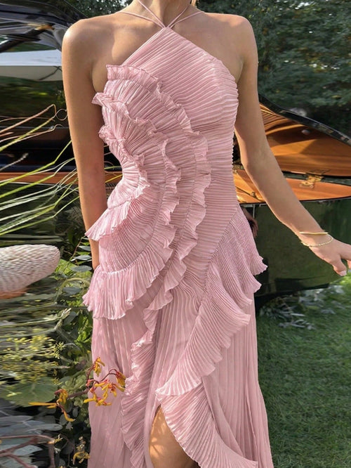 Women's Pink Lightweight Halter Neck Backless Ruffle Mid-Length A-Line Dress, Sleeveless Polyester Elegant Party, Wedding Guest Summer