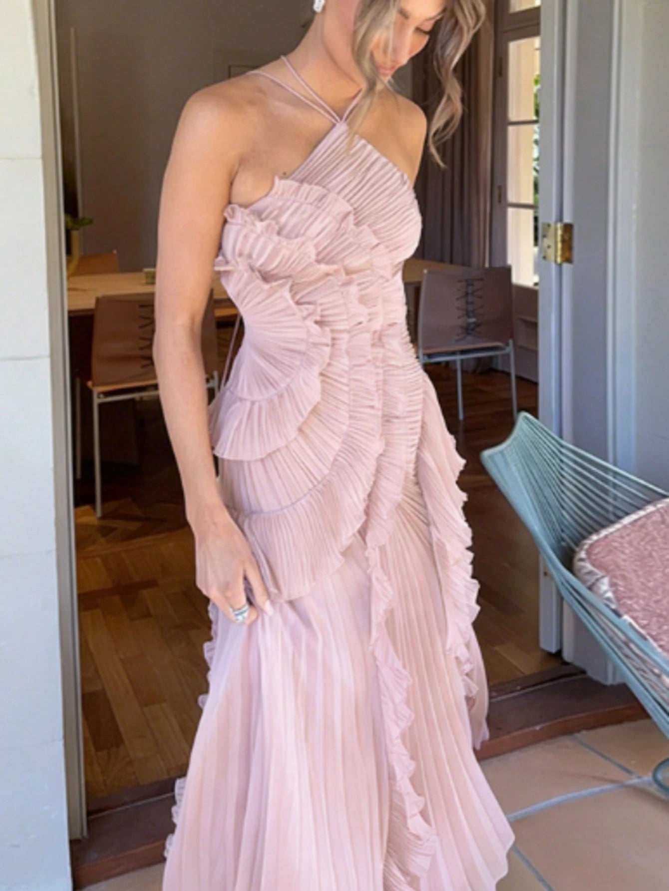 Women's Pink Lightweight Halter Neck Backless Ruffle Mid-Length A-Line Dress, Sleeveless Polyester Elegant Party, Wedding Guest Summer