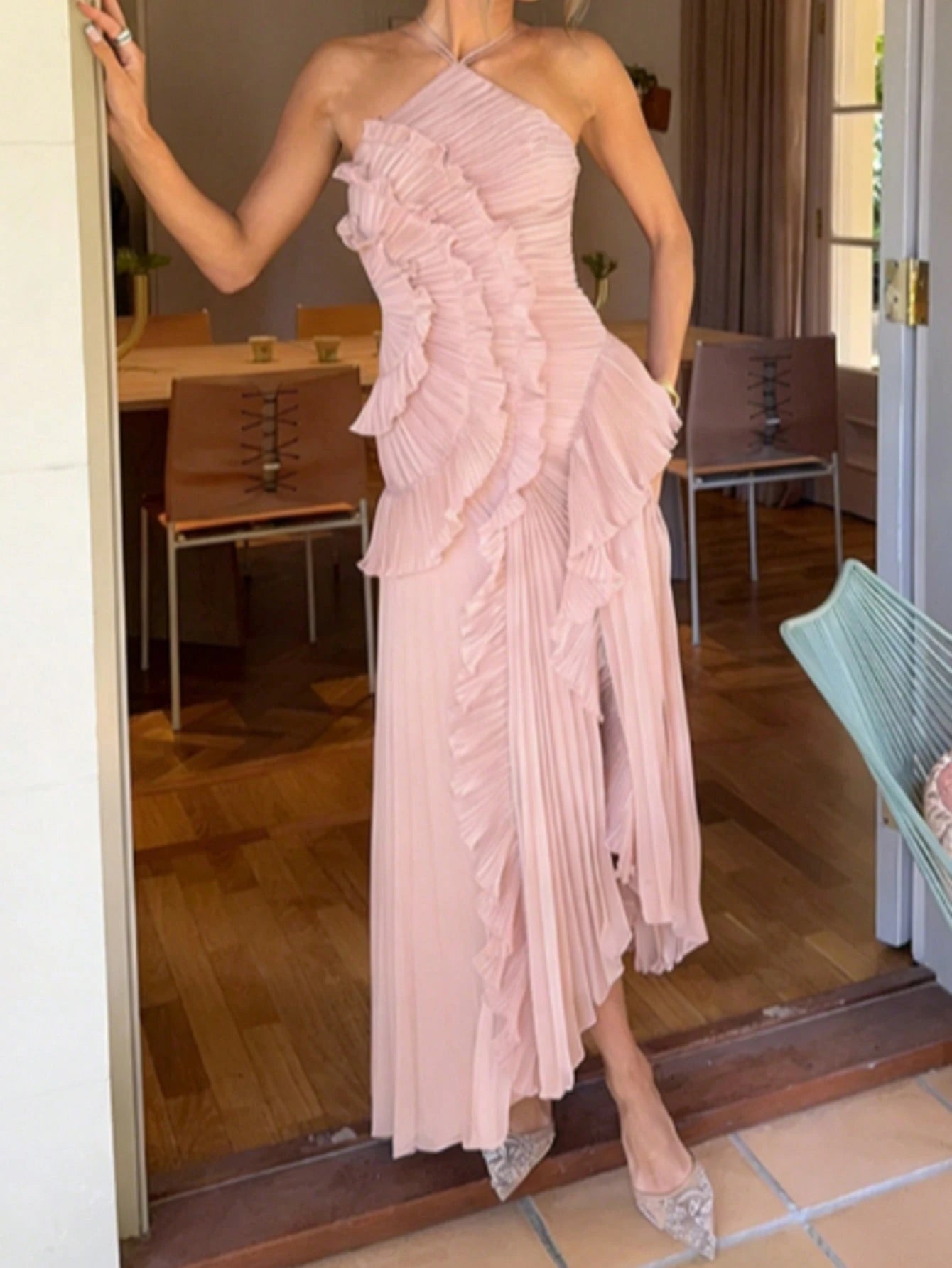 Women's Pink Lightweight Halter Neck Backless Ruffle Mid-Length A-Line Dress, Sleeveless Polyester Elegant Party, Wedding Guest Summer